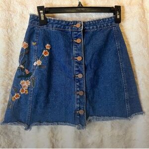 Missguided Floral Embroidered Denim Jean A-Line Mini Skirt Size 0 Button Front